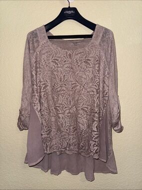 Rosemarie Italy Lace Overlay Tunic Top Large Taupe Boho Layered Made Italy